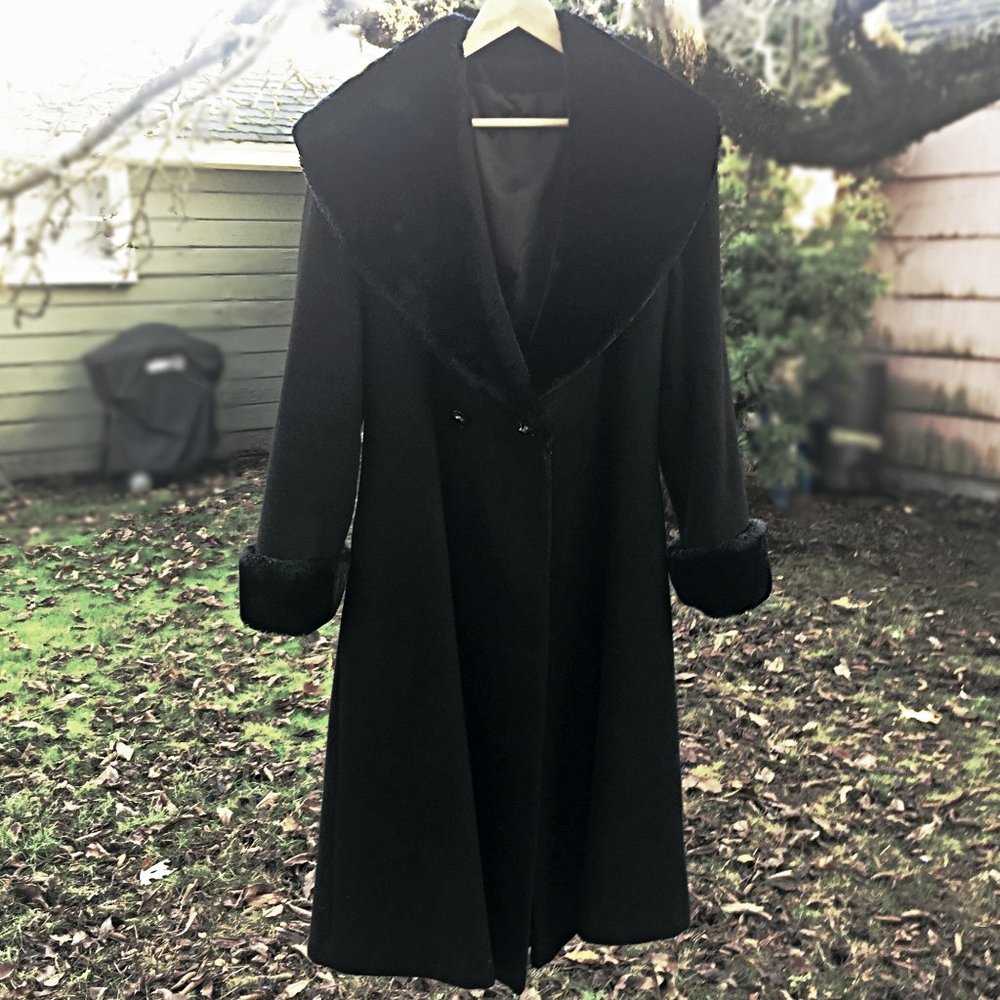 EX+ VTG 30s Style WOOL COAT Faux Fur Cuffs Oversize Collar Fit & Flare STUNNING - Picture 14 of 15